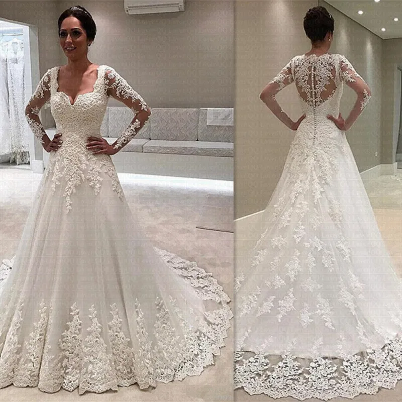 Аппликации Vestido De Noiva Великолепные Свадебные платья с квадратным вырезом с длинными рукавами кружевные свадебные платья, платья невесты