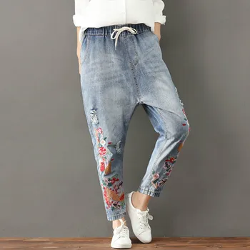 

Women Jeans Harem Pants Plus Size Spring Ripped Denim Embroidery Floral Elastic Chinese Style Vintage New Blue Jeans 3XL LP227