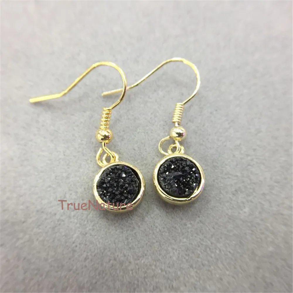 Black Druzy Agates Charm Women Earrings Jewelry Gold Electroplated