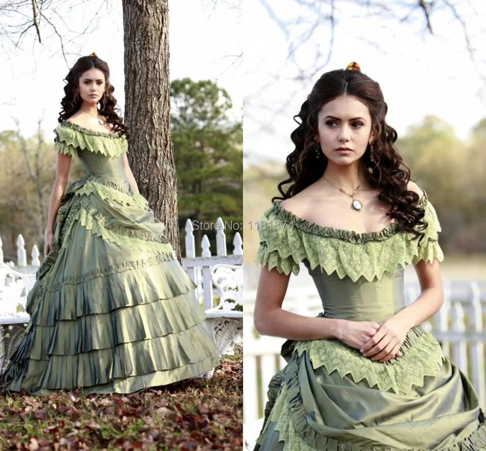 Vintage Nina Dobrev Victorian era Ball Gown Corset off the shoulder ...