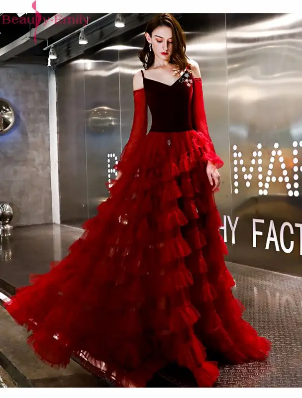 Beauty Emily Wine Red New Evening Dresses 2019 V Neck Formal Party Prom Dresses Floor-length Court Train Evening Gown