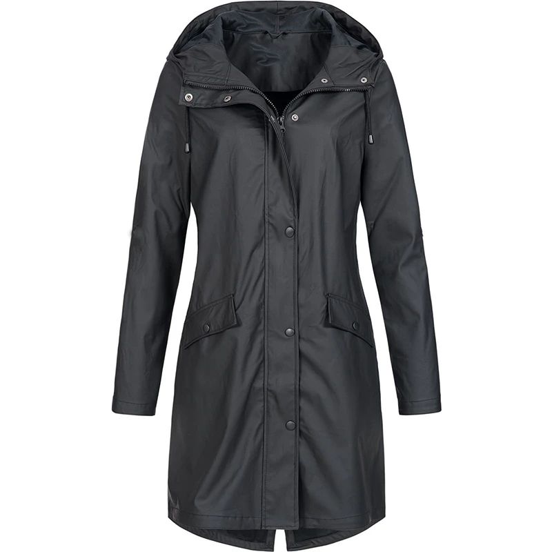

Women Fashion Long Sleeve Hooded Raincoat Windbreaker Hiking Ladies Casual Solid Color Outdoor Waterproof Trench Coats