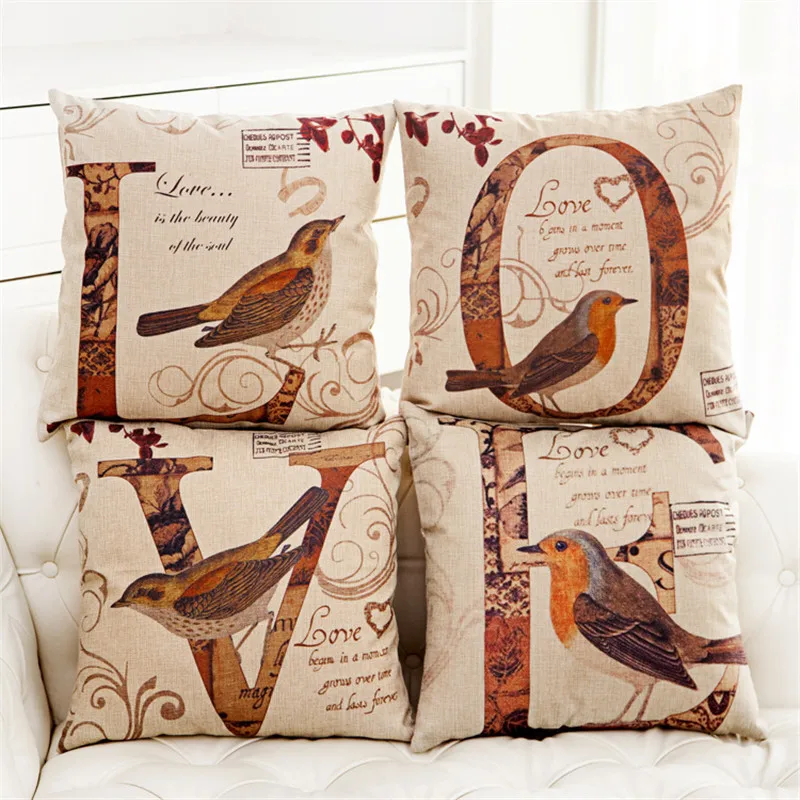 Discount Vintage LOVE Words Couple Bird Print Home Decorative Pillow Cover Linen Cushion Cover Chair Sofa Discount Vintage LOVE Words Couple Bird Print Home Decorative Pillow Cover Linen Cushion Cover Chair Sofa