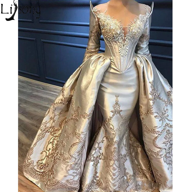 Mermaid Overskirts Prom Dresses Long Sleeve Lace Appliqued Beads Evening Dresses With Detachable Train Yousef Aljasmi Party Gowns239