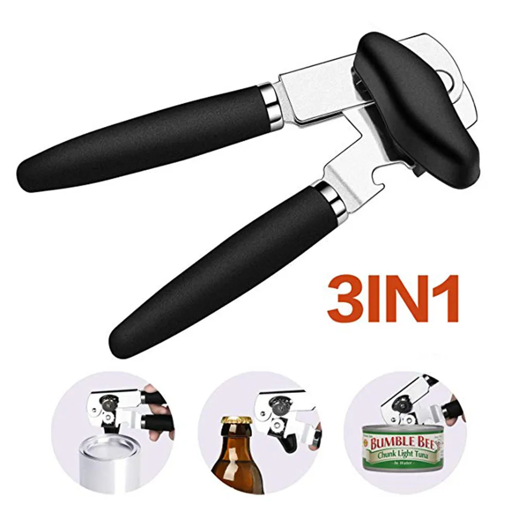 

3 IN 1 Professional Stainless Steel Kitchen Tool Safety Hand-actuated Can Opener Side Cut Easy Grip Manual Opener Knife for Cans