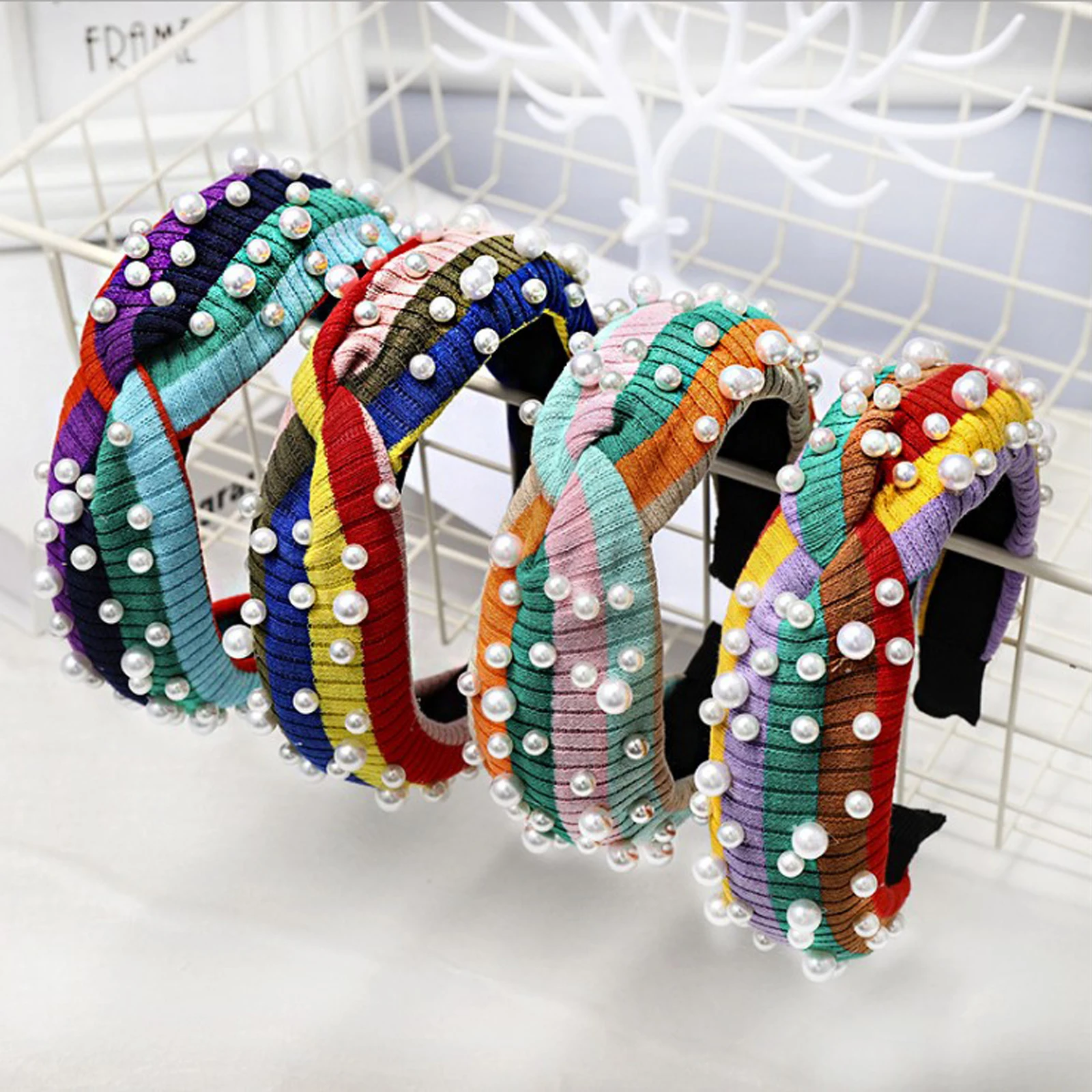 

New Korea Hair Band Turban Rainbow Style Hairband Cross Knot Pearls Turban Striped Knitted Hair Accessories