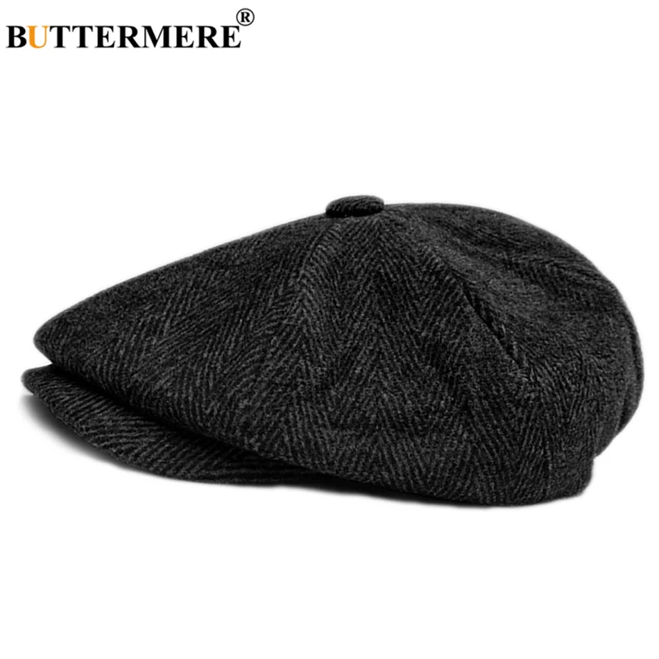 

BUTTERMERE Men's Herringbone Flat Cap Wool Newsboy Hats Male Dark Grey Winter Classic Octagonal Cap Vintage British Painter Hat