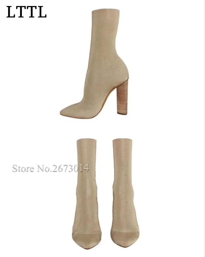 2016 Autumn Latest Women Elastic Thick Heel Stretch Fabric Solid Mid-Calf High Heel Boots Sexy Slip-On Big Size Boots Free Ship