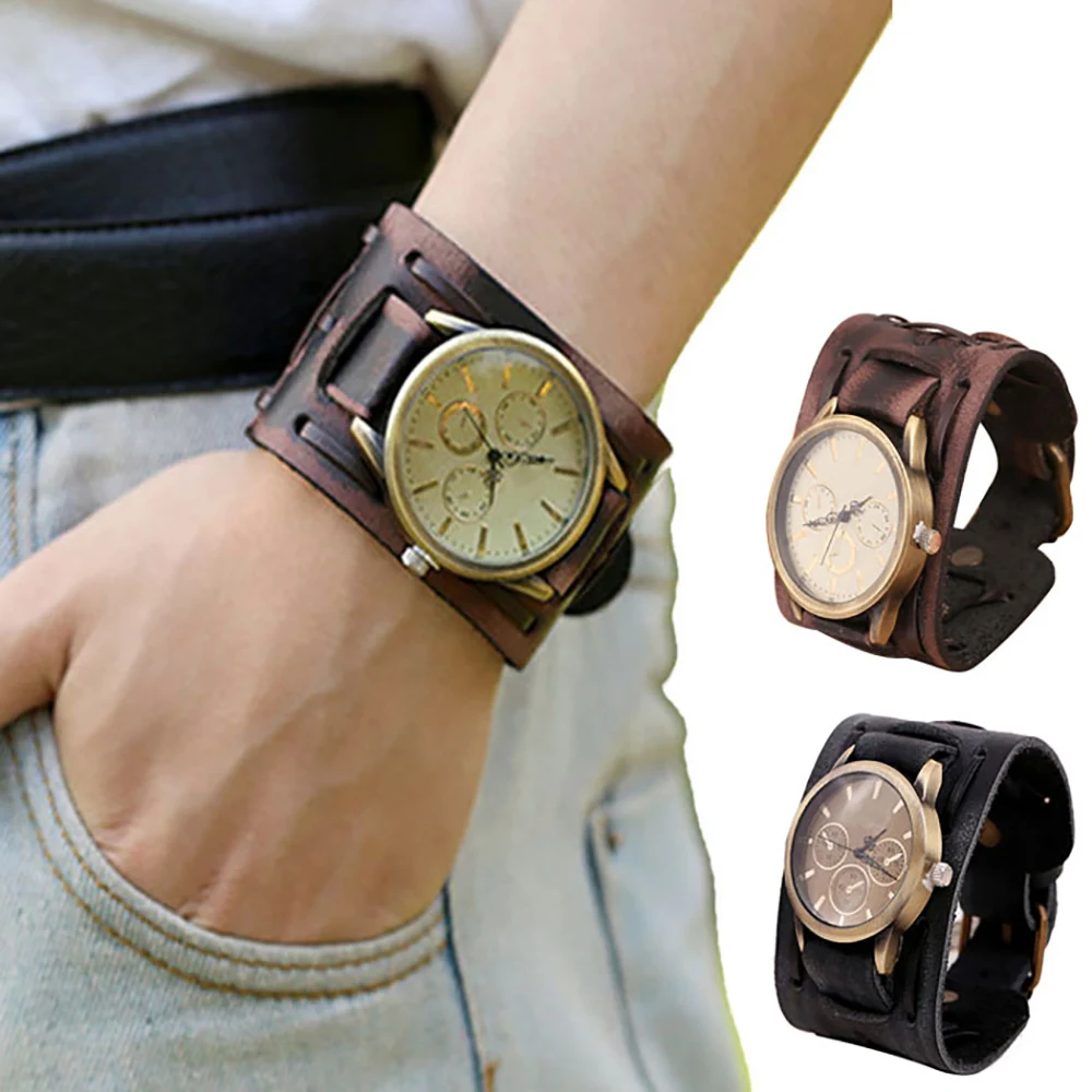Прочный дизайн часы для мужчин Ретро панк Рок коричневый, черный большой широкий кожаный браслет для мужчин часы Прохладный подарок