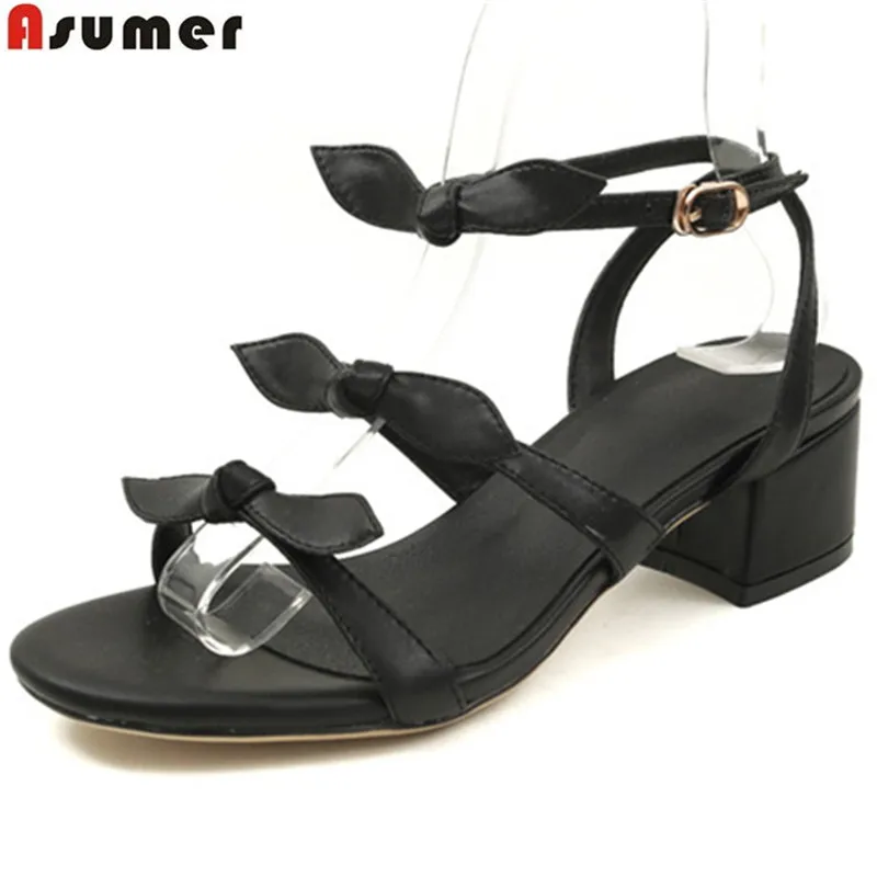 ASUMER 2018 summer new arrive shoes woman buckle square heel bowknot sandals women genuine leather shoes med heels smirnova 2018 summer new shoes woman pointed toe fashion rivet sandals women genuine leather med heels shoes square heel