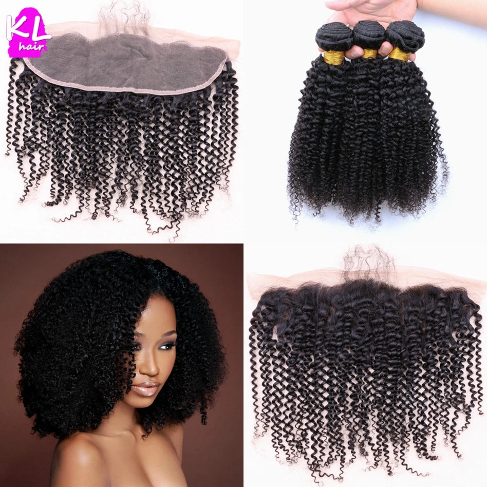 

Brazilian Kinky Curly Virgin Hair Ear to Ear Lace Frontal Closure With Bundles 7A Human 3 or 4 Bundles With Lace Frontal Closure