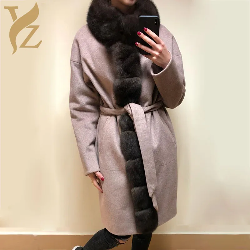 Высокое качество Кашемировые Куртки глубокий Теплый круглый воротник с натуральным лисьим мехом пальто Соболь мех лисы верхняя одежда женские топы