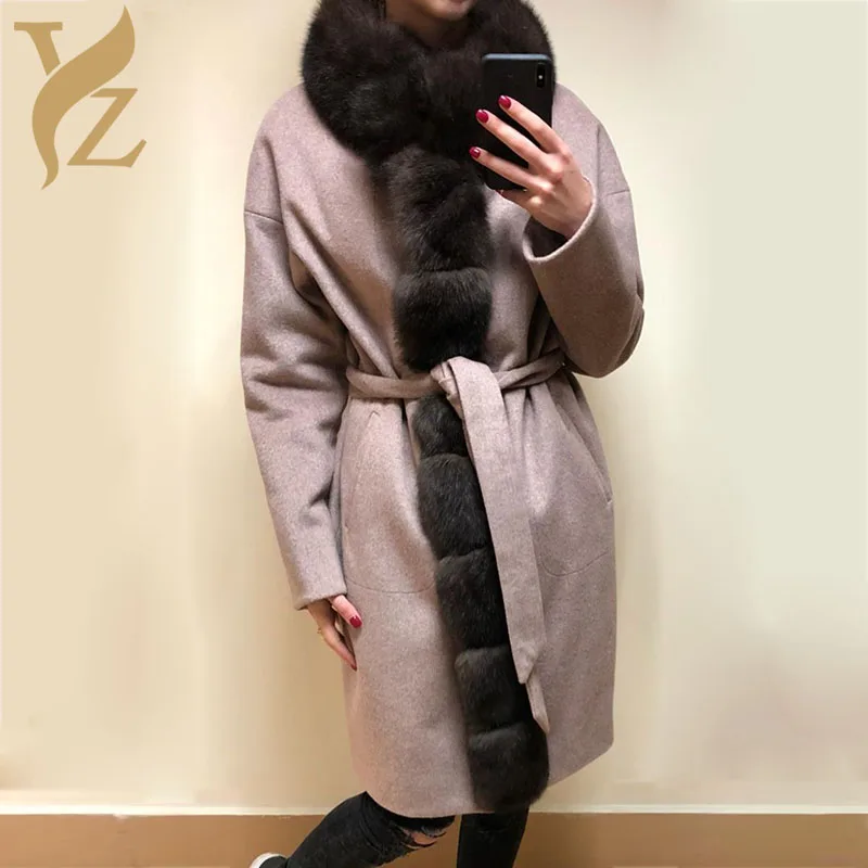 

High Quality Cashmere Blended Jackets Deep Warm Round Collar With Nature Fox Fur Coats Sable Fox Furs Outer Garment Women Tops