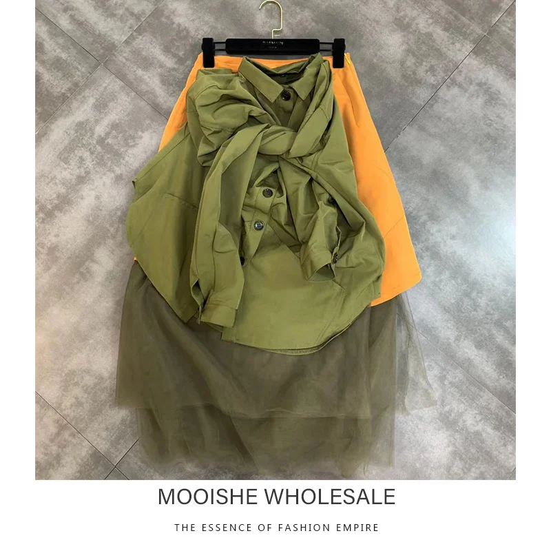 2019 Spring New Splicing Fake Two-piece Jacket With Decorative Designer Midi Skirt