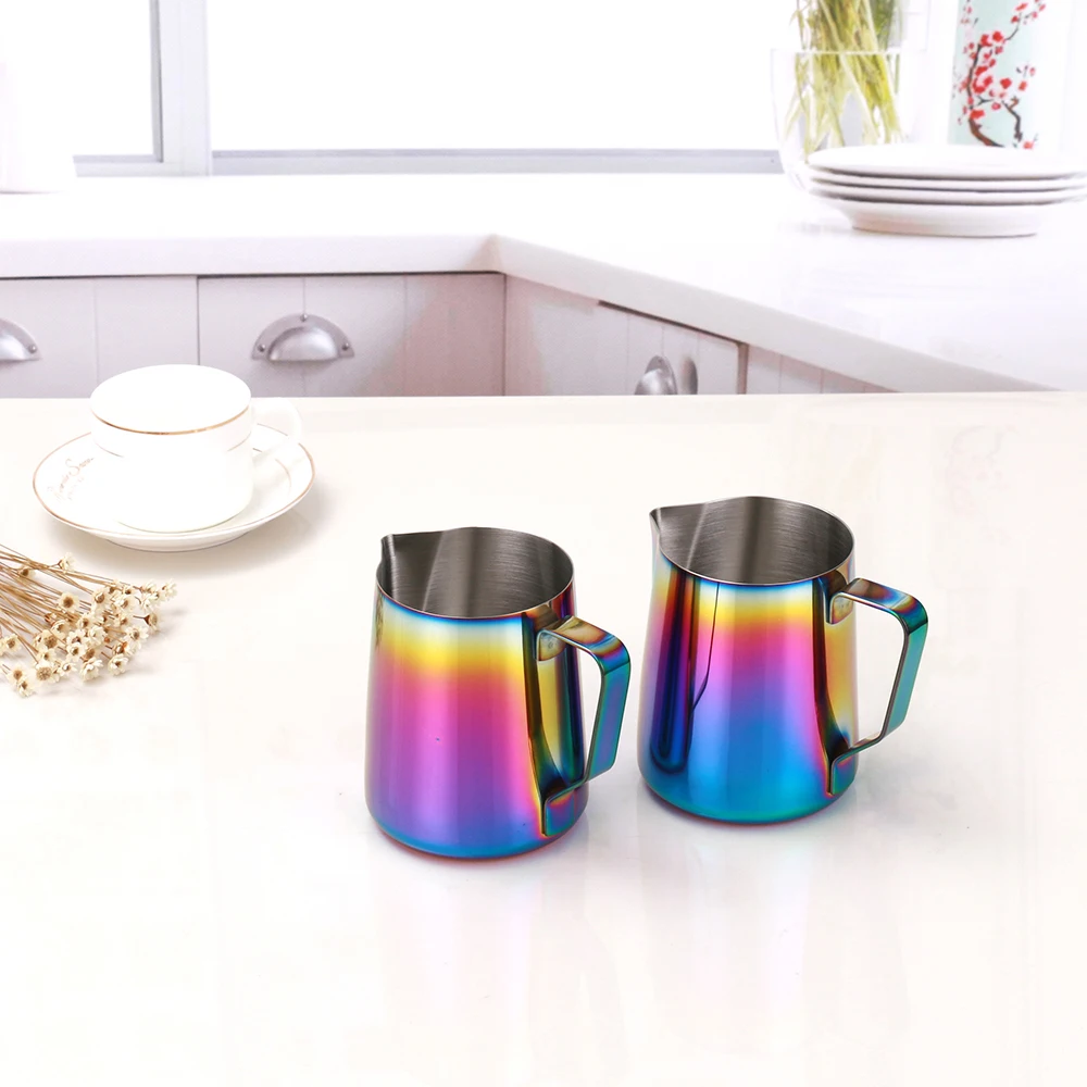 

Kitchen Coffee Tools Creative Colorful Stainless Steel Frothing Pitcher Pull Cup Coffee Milk Frother Coffeware