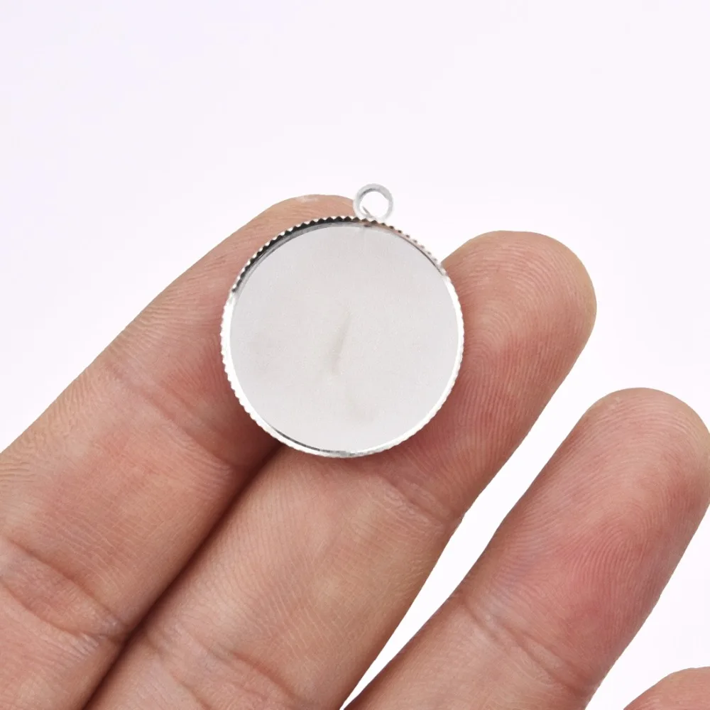 Iron Cabochon Pendant Setting Serrated 20mm Flat Round Bezel Gem Blank Base Silver Plated (5)