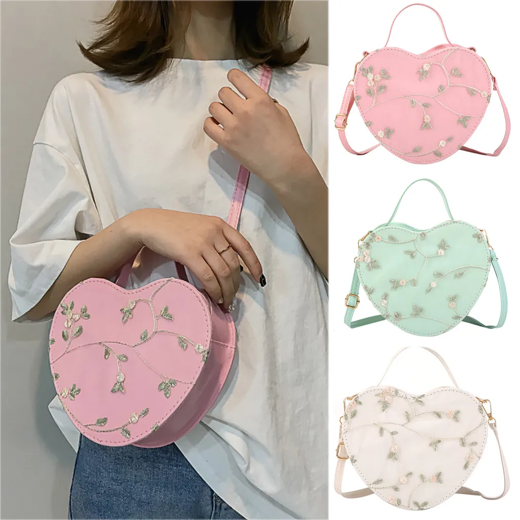 

Women Heart-shaped Messenger Bag PU Leather Shoulder Bag Chinese Embroidery Handbag