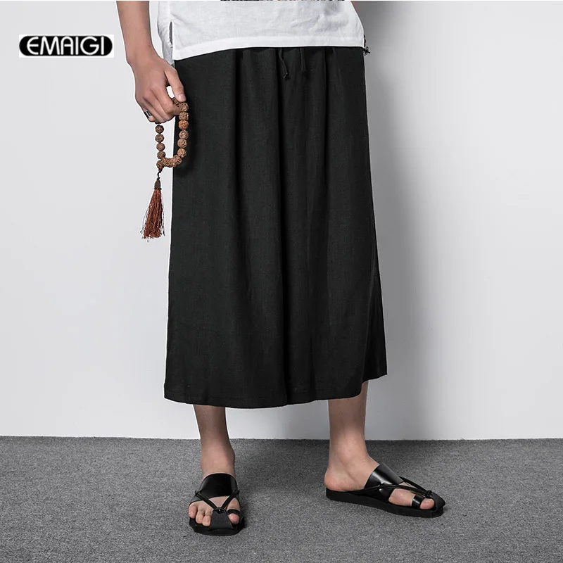 

Summer Comfortable Thin Men Wide Leg Pant Japan Style Fashion Casual Cotton Linen Pant Male Loose Skirt Trousers