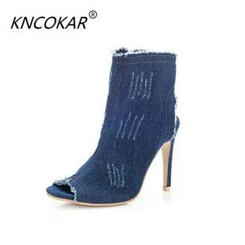 

2017 spring and summer high-heeled shoes female sexy thin heels open toe boots denim boots cool boots sandals