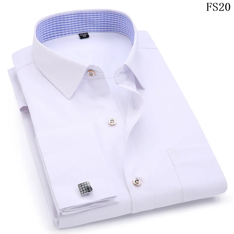 Мужские рубашки с французскими манжетами, синяя белая деловая Повседневная рубашка с длинными рукавами, приталенная однотонная французская рубашка с запонками - Цвет: FS20
