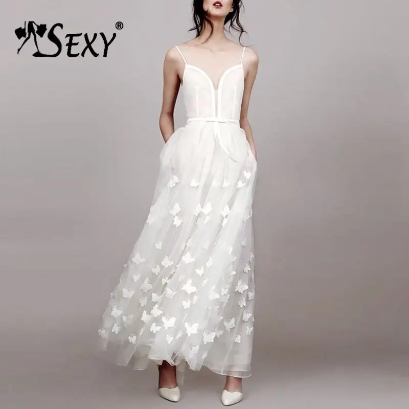 

Gosexy 2019 New Skinny Strap Sexy Mesh Lace Butterfly Decoration Women Party Fashion Full-length Romantic Maxi Dress