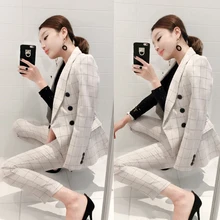 

High quality Suit Women Autumn Stylish Work Houndstooth Notched Double Breasted Slim Polyester Women's Business Suits Two-piece
