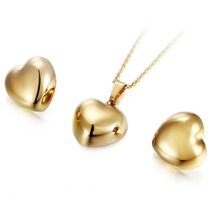 Popular Women Jewelry Set Polishing Gold Titanium Stainless Steel Romantic Heart Shape Pendant Necklace Earring Sets | Украшения и