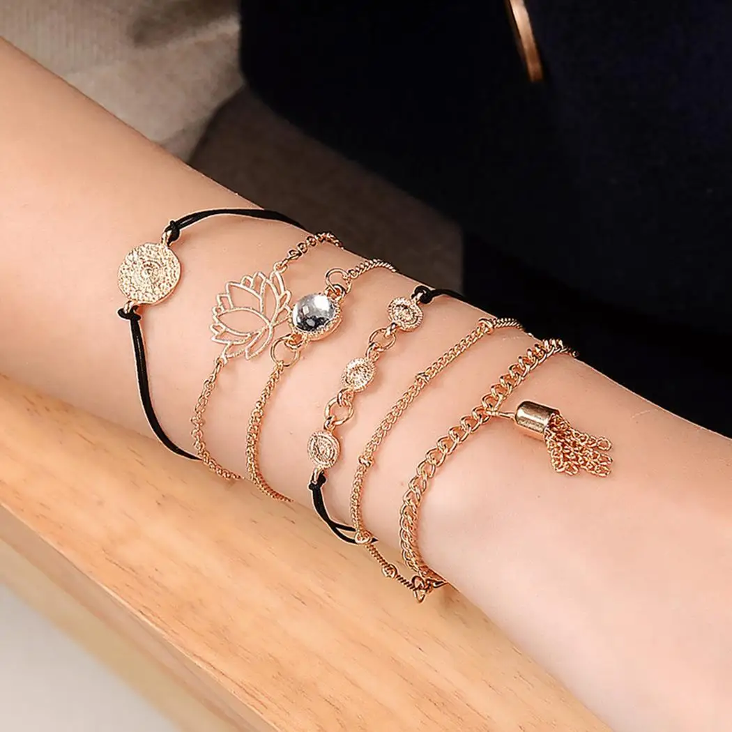 

Women Casual Tassel Knot Shape Hollow Out Link Chain 5 Pcs/Set Artificial Gem Bracelet Lobster Claw Clasp Gift