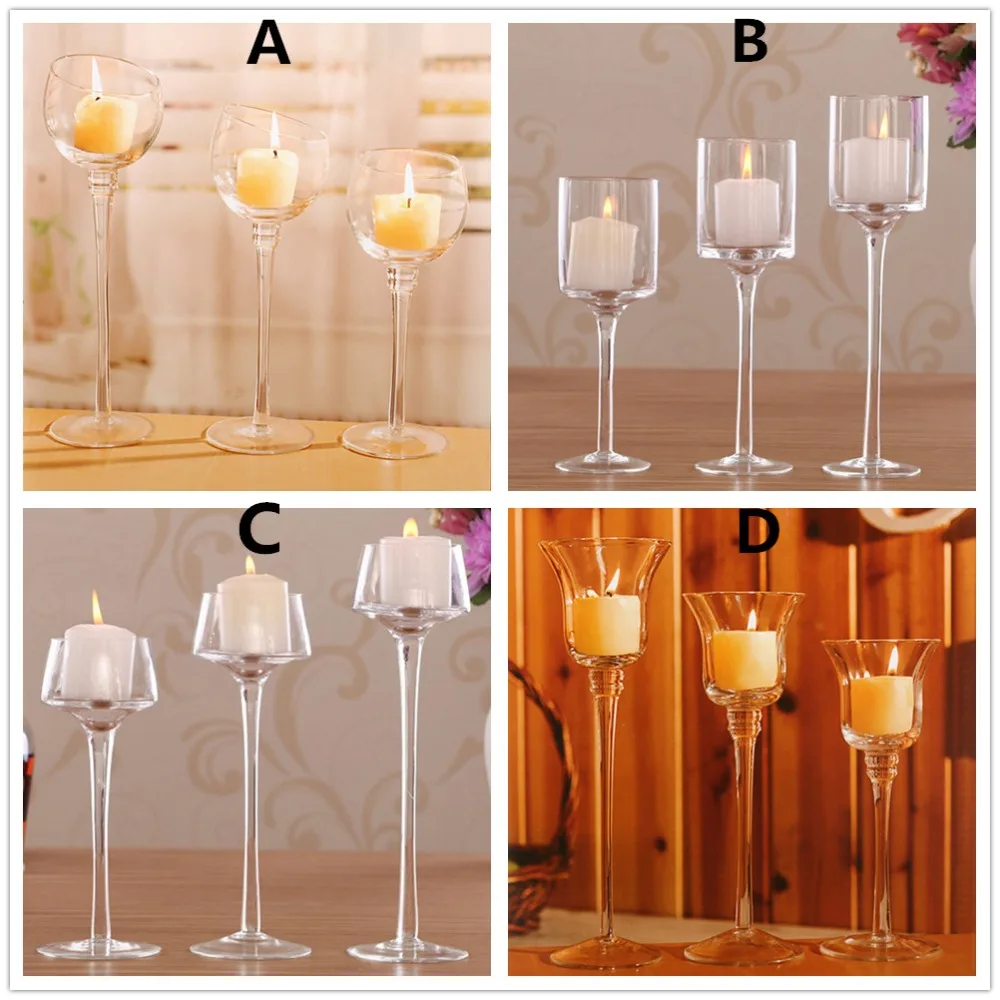 3pcs/set Crystal Glass Stemmed Votive Candle Holder Pillar Tea Light
