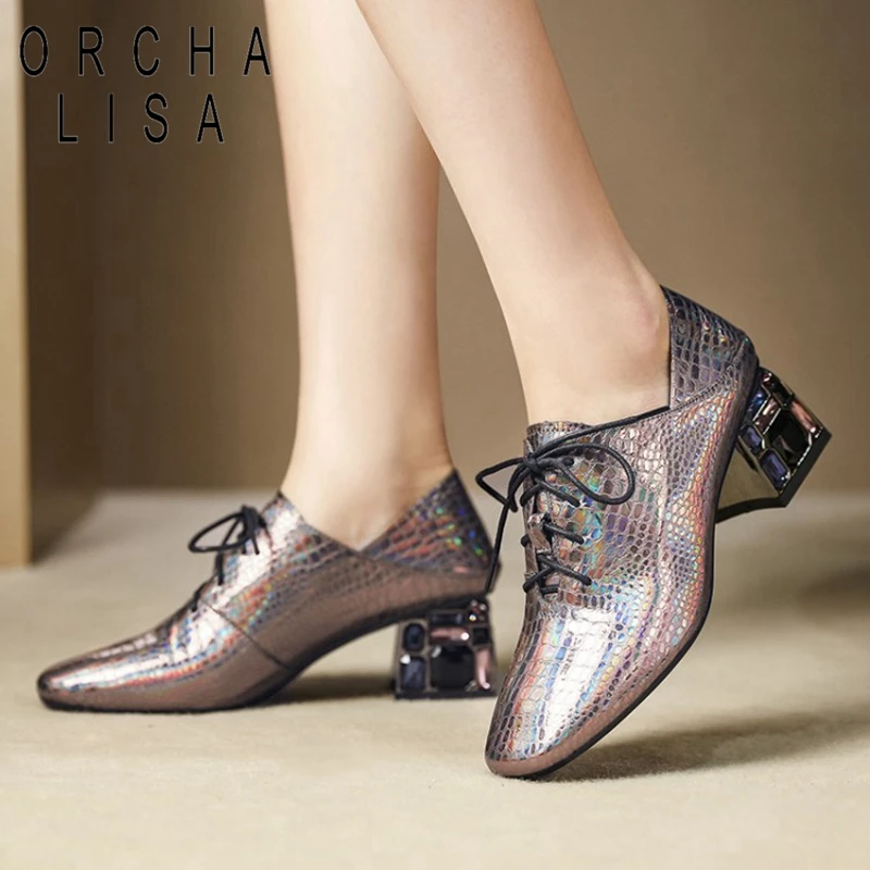 

ORCHA LISA brand 2020 Woman diamond Block Heel Pumps Lace up shoes Genuine leather Party med heels Female office shoes Mules