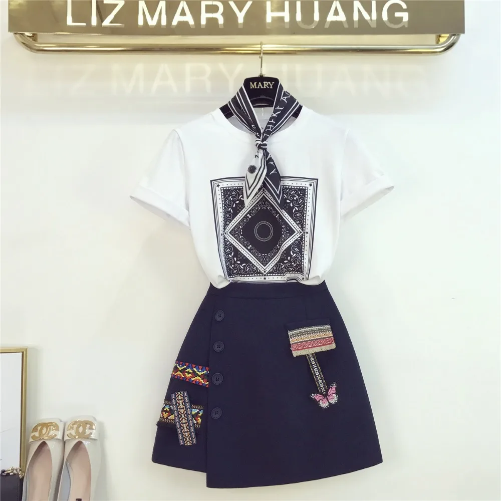 

Amolapha Women Pattern Printed Tshirt Tops+Embroidery Mini Skirts Sets Suits Clothes