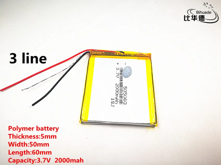 3 линии хорошего качества 3,7 V, 2000 mAH, 505060 полимерный литий-ионный/литий-ионная аккумуляторная батарея для игрушка, портативное зарядное устройство, gps, mp3, mp4