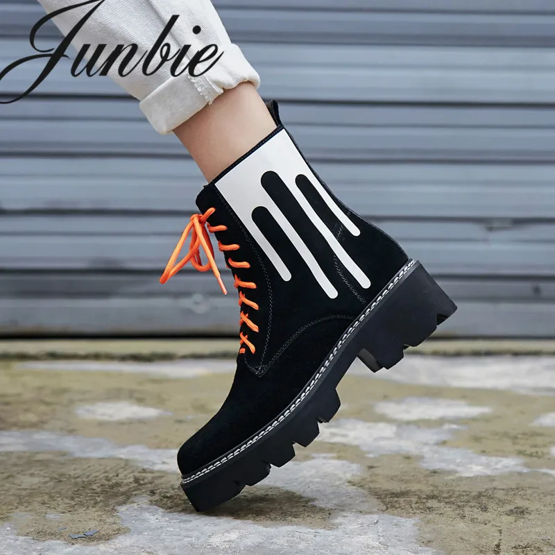 

JUNBIE New Genuine Leather Gladiator Lace Up Women Motorcycle Boots Round Toe Low Heel Printed Leather Women Boots Shoes Women