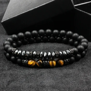 

2018 2pcs/set Brand New Fashion Pave CZ Men Bracelet 8mm Matte Beads with Hematite Bead Diy Charm Bracelet For Men Jewelry