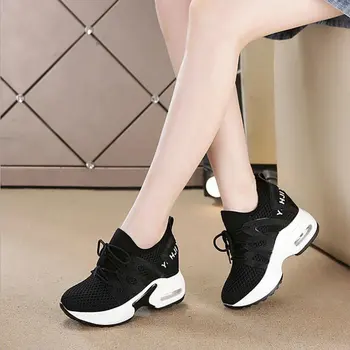 

Female Women Black white Vulcanized Shoes Casual Wedge Platform shoes Band High heel 4cm Increasing Ladies Sneakers Shoes WW-20