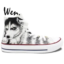 Вэнь ручная роспись обувь дизайн пользовательские Собака Хаски высокие парусиновые кроссовки для мужчин и женщин