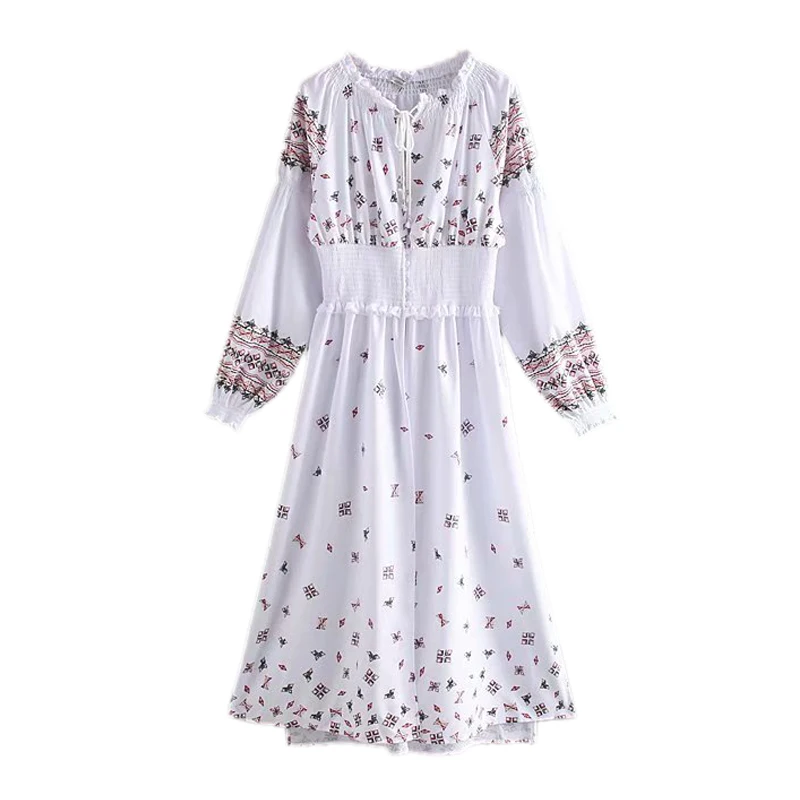 

Women Print Patchwork Mid Calf Dress Long Sleeve String Collar Female Casual Dresses FFZYQ336
