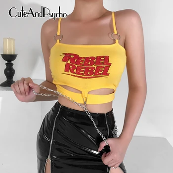 

2019 Letter Print Women Crop Top Chain Hollow Out Camis Top Backless Sleeveless Spaghetti Strap Summer Tops Gothic Cuteandpsycho