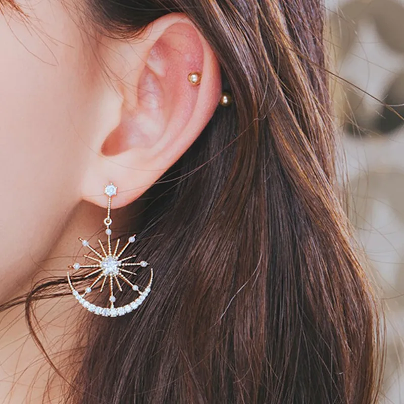 

2019 Korea Delicate Micro Paved Cubic Zircon Moon Star Drop Earrings For Women Elegant Party Jewelry Fashon Dangle Pendientes