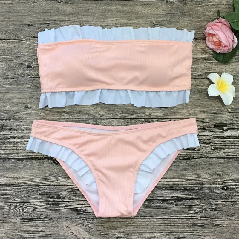 

Sexy Bandeau Bikini Set Women Floral Print Swimwear Push Up Swimsuit Brazilian Biquini Pink Bikinis Pad Bathing Suit Beachwear