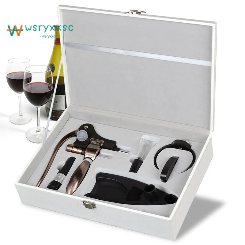

7pcs High-end Gift Recommended Wine Open Barware Decanter Vacuum Wine Stopper Tool Imitation Leather Gift Box Packaging Z0497