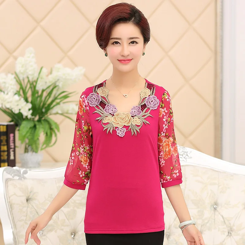 

2017 quinquagenarian women's summer plus size shirt the middle-age mother clothing summer short-sleeve top female 0123