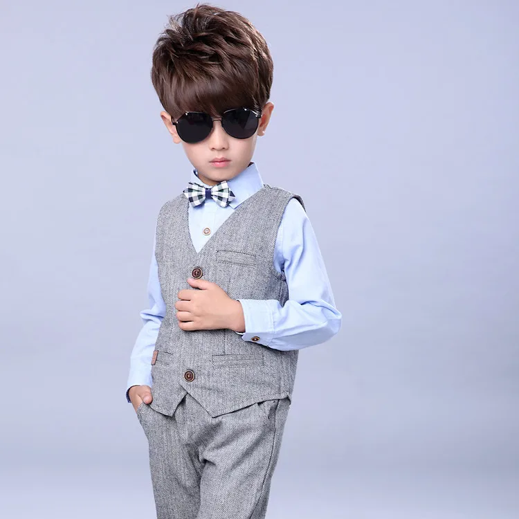 Boys Clothing Set Long Sleeve Dress Shirt + Pant + Vest + Bow 4pcs