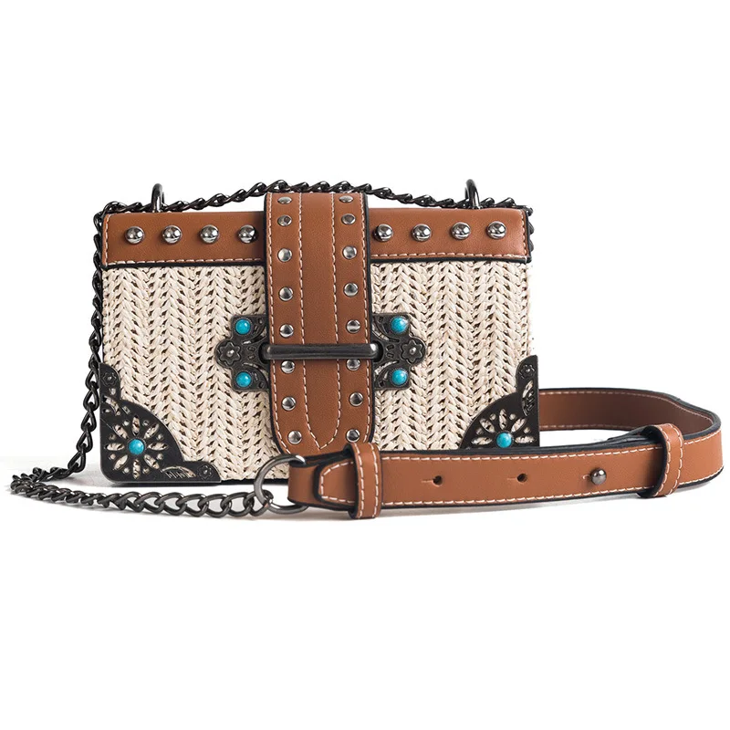 

Summer Vintage Rivet Chain Straw Bag Pearl Flower Metal Hasp Leather Crossbody Handbag Women Famous Brands Bolsa Mensageiro