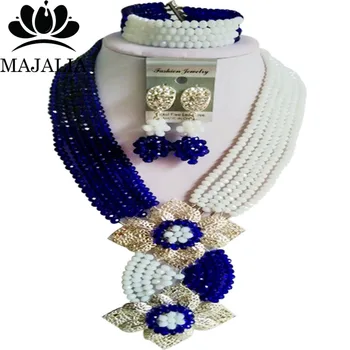 

Majalia Fashion Nigerian Wedding African Jewelry Set Royal blue and White Crystal Necklace Bride Jewelry Sets 6SE022