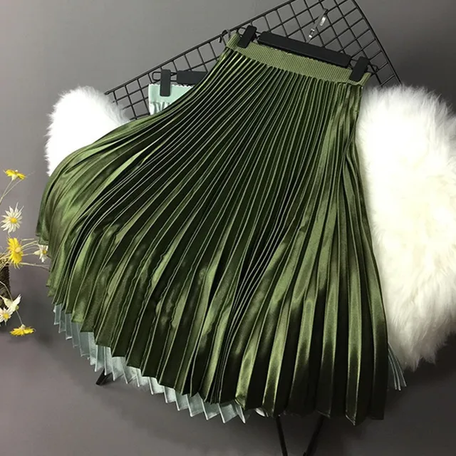 US $6.39 2019 Women Skirt Casual Autumn Winter Metallic Satin Pleated Skirt Female Vintage Mid Calf Black Wh