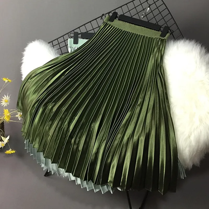 

2020 Women Skirt Casual Autumn Winter Metallic Satin Pleated Skirt Female Vintage Mid Calf Black White Skirt Streetwear L