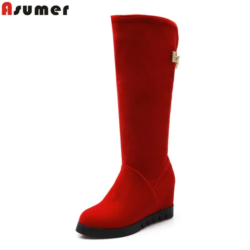 ФОТО Mature women knee high boots in winter height increasing round toe solid nubuck flock leatehr wedding boots high quality