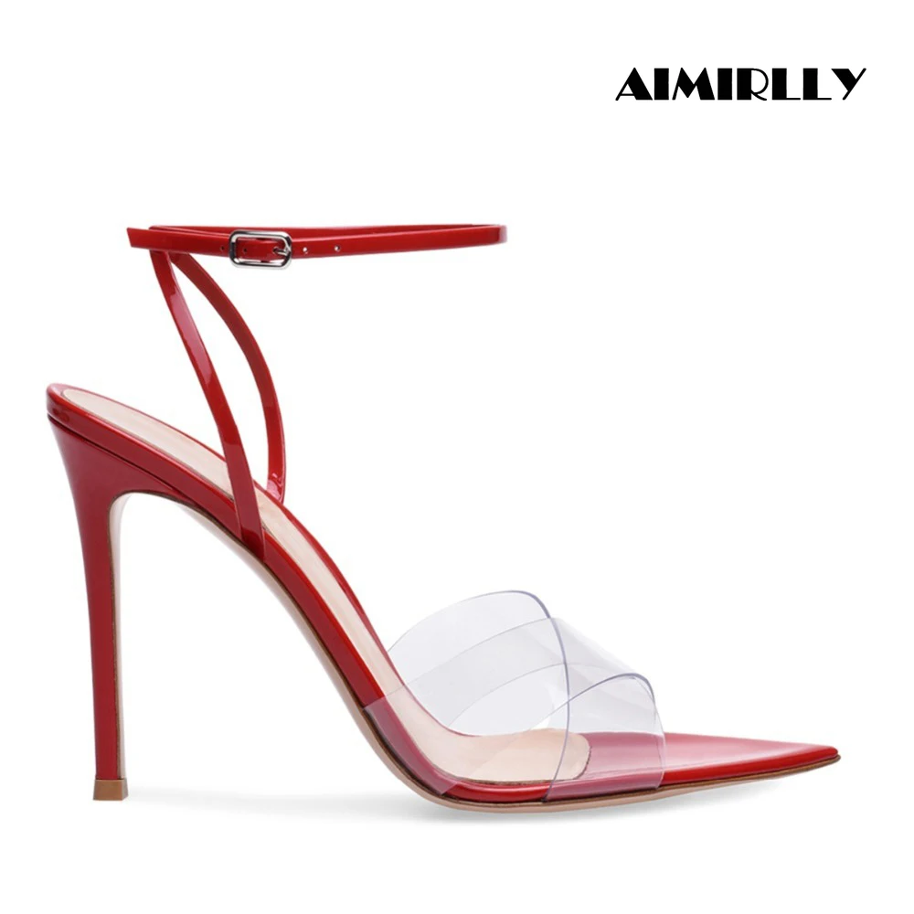 

Women Open Toe Pointy High Heel Sandals Ankle Strap PVC Stiletto Summer Shoes Cool & Comfortable Red/Black/Nude Handmade