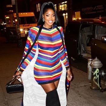 

2018 New Fashion Collection Rainbow Women Dress For Summer Casual O Neck Long Sleeve Bodycon Party Dresses Vestidos Wholesale